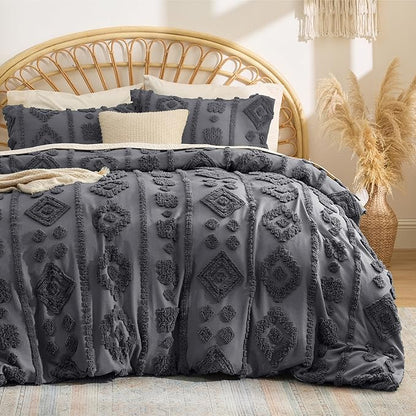 Bedsure King Size Comforter Set - Dark Grey Tufted Boho Bed Set, Farmhouse Shabby Chic Embroidery Bedding for All Seasons, 3 Pieces, 1 Soft Jacquard King Comforter and 2 Pillow Shams