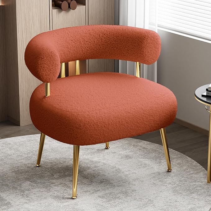 Mid Century Sherpa Boucle Accent Chair, Round Upholstered Barrel Arm Chair for Small Spaces, Fluffy Side Corner Chair for Living Room, Bedroom, Vanity, Office, Reading Nook(Orange)