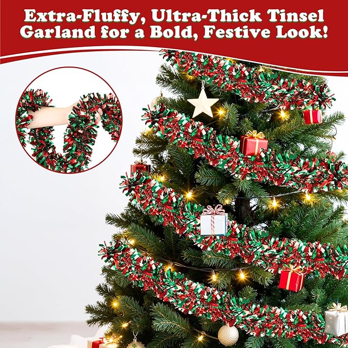 50FT Christmas Tinsel Garland, Red Green Metallic Twist Shiny Hanging Garland Ornaments for Christmas Tree, Party Supplies Thick Metallic Xmas Streamers