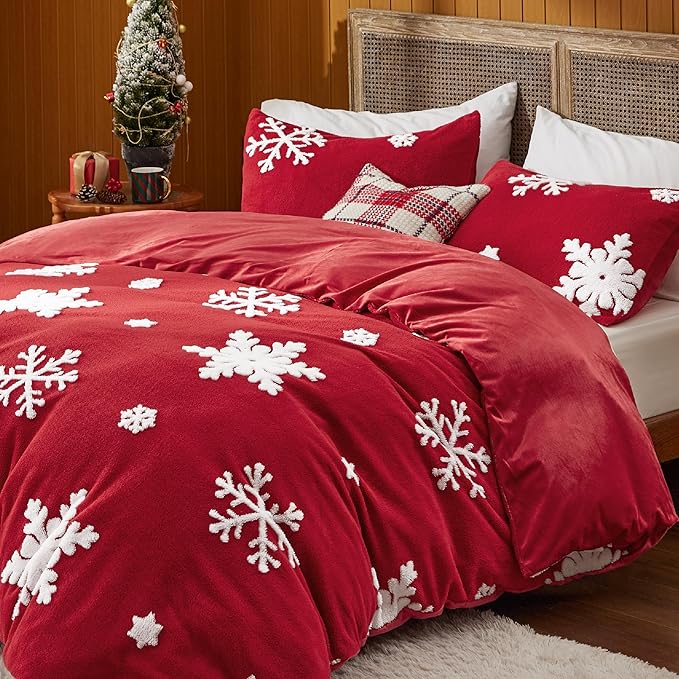 Bedsure Fluffy Duvet Cover Set - Ultra Soft Plush Shaggy Comforter Cover King Size, Warm Flannel Fleece Bed Sets for Winter, 3 Pieces, Snowflake Pattern, Red