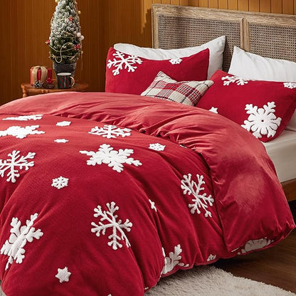 Bedsure Fluffy Duvet Cover Set - Ultra Soft Plush Shaggy Comforter Cover King Size, Warm Flannel Fleece Bed Sets for Winter, 3 Pieces, Snowflake Pattern, Red