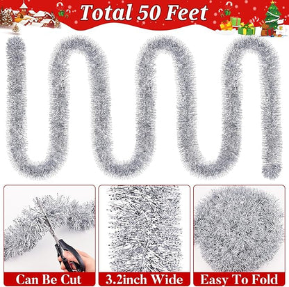 50Ft Christmas Tinsel Garland Silver Xmas Tree Decorations Metallic Glitter Twist Garland for Christmas Tree Decorations New Year Party Birthday Holiday Supplies Indoor Outdoor Supplies