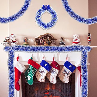 33FT Blue Tinsel Christmas Garland Metallic Twist Shiny Garland for Christmas Tree Decorations, Xmas Holiday Hanging Garland for Home Indoor Outdoor Party Supplies Decor (Blue, White)