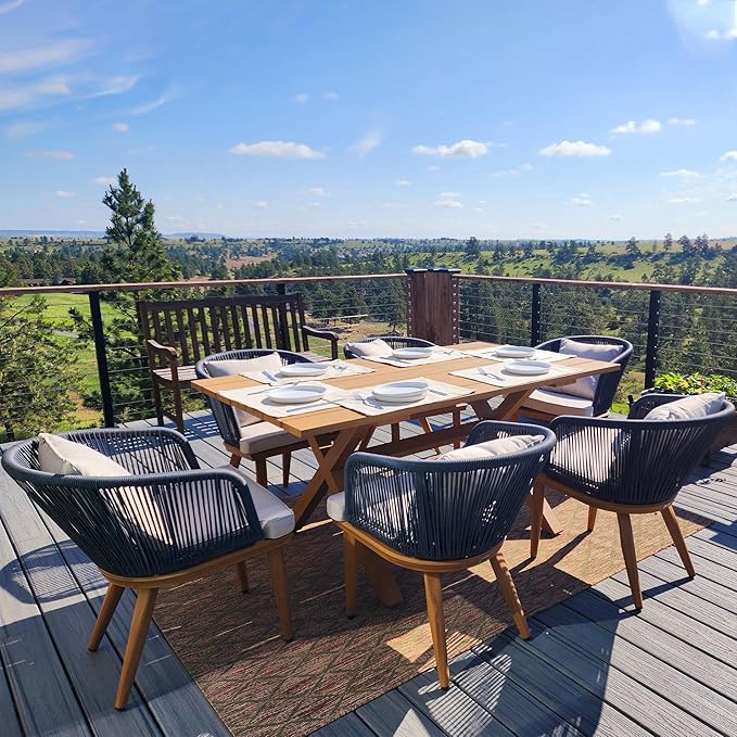 PURPLE LEAF 7 Pieces Patio Dining Table Set Wicker Outdoor Furniture Rectangular Table and Chairs Set for Garden Deck Teak-Finish Aluminum Frame Backyard Kitchen Set, Cushions and Pillows Included