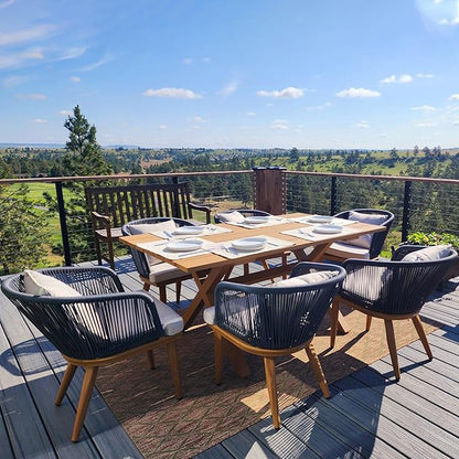 PURPLE LEAF 7 Pieces Patio Dining Table Set Wicker Outdoor Furniture Rectangular Table and Chairs Set for Garden Deck Teak-Finish Aluminum Frame Backyard Kitchen Set, Cushions and Pillows Included