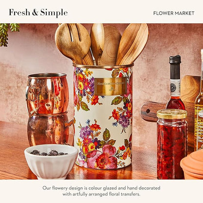 MACKENZIE-CHILDS Enamel Utensil Holder, Kitchen Utensil Holder for Countertop, Storage Caddy, White Flower Market