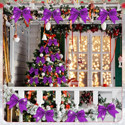 Cindeer 24 Pcs Purple Christmas Bow Decorations 6 x 6 Inches, Glitter Holiday Ornaments Sequin Ties Bows for Xmas Tree, Wreath, DIY Crafts, Gift Wrapping, Party Decor