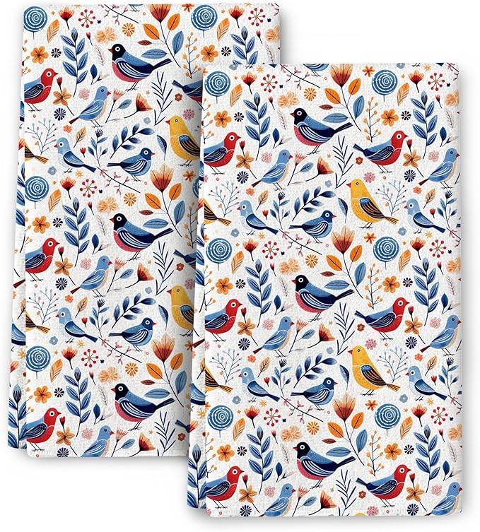 Floral Birds Kitchen Towels Set of 2 Absorbent Spring Summer Dish Towels Farmhouse Tabletop Decor Birds