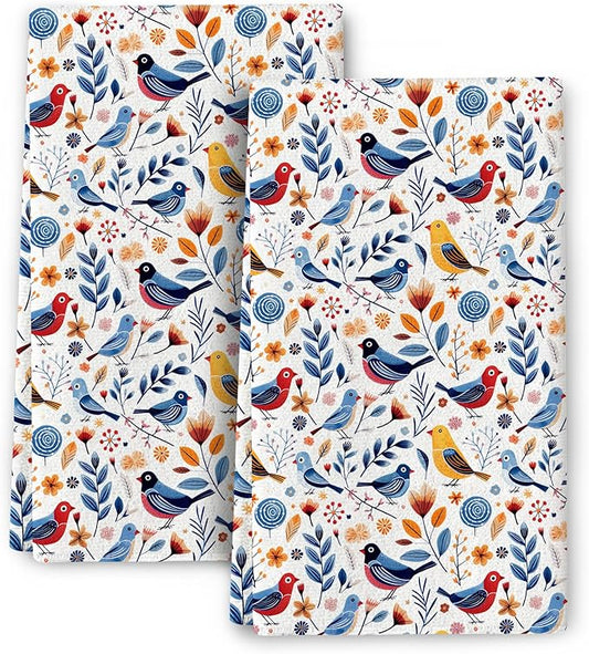 Floral Birds Kitchen Towels Set of 2 Absorbent Spring Summer Dish Towels Farmhouse Tabletop Decor Birds