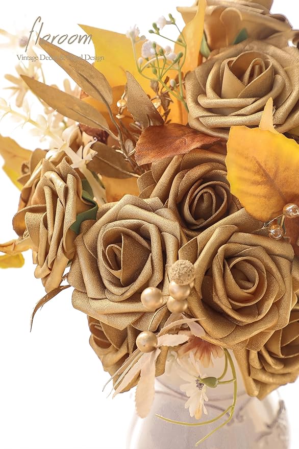 Floroom Artificial Flowers 25pcs Real Looking Antique Gold Foam Fake Roses with Stems for DIY Wedding Bouquets Bridal Shower Centerpieces Floral Arrangements Party Tables Home Decorations