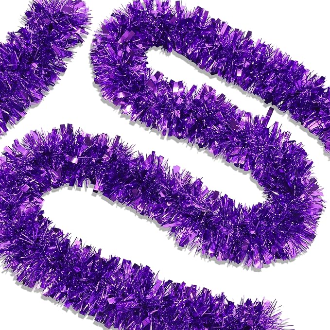 50 Purple Green Christmas Tinsel Garland for Christmas Tree Decorations, Xmas Metallic Twist Shiny Hanging Garland Decor for Mantle Stairs Fireplace Home Holiday Indoor Outdoor