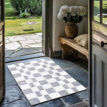 EVERGRACE Checkered Plaid Area Rug 2x3, Soft Fuzzy Faux Wool Rugs Washable Anti Slip Rugs Small Rug Carpet for Entryway Bedroom Living Room Hallway Kitchen Dining Room and Laundry Room, Light Gray