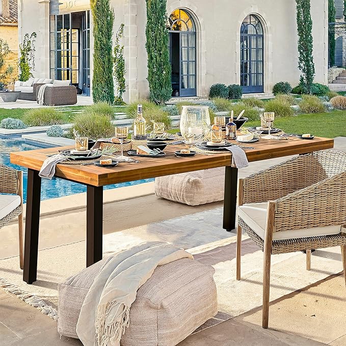 Devoko Home Acacia Wood Dining Table 6-Person Indoor Outdoor Table with Iron Legs, Sandblast Finish, Natural Stained, Rustic Metal, 69 * 33 * 30 inch (Natural)