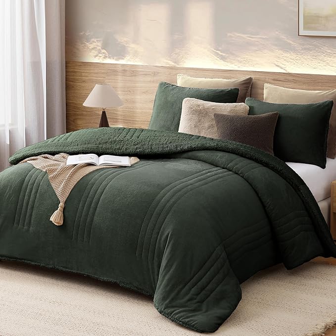 Monbix Fluffy Full Comforter Set Deep Forest, Sherpa Plush Fuzzy Comforter 3 Piece for Full Size Bed, Luxury Soft Winter Warm Bedding Set