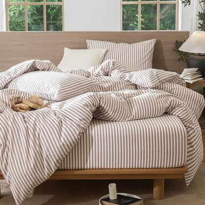 MooMee Striped Duvet Cover Set 100% Washed Cotton Linen Like Textured Breathable Durable Soft Comfy (Orange Classic Stripes, Cal King 104"x98")