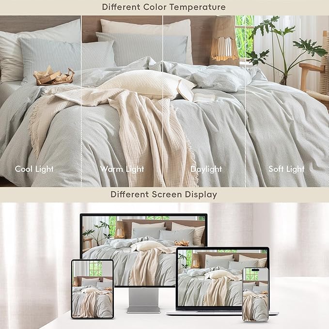 MooMee Striped Duvet Cover Set 100% Washed Cotton Linen Like Textured Breathable Durable Soft Comfy (Heathered Green Pinstripes, Super King 108"x98")