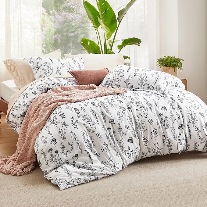 Bedsure Queen Comforter Set - Bright White Bed Set, 3 Pieces Cute Floral Bedding, 1 Soft Reversible Botanical Flowers Comforter and 2 Pillow Shams