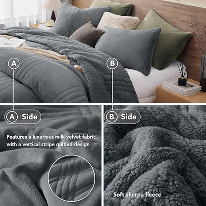 Monbix Fluffy Queen Comforter Set Blue Grey, Sherpa Plush Fuzzy Comforter 3 Piece for Queen Size Bed, Luxury Soft Winter Warm Bedding Set