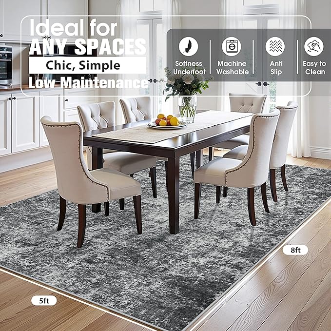 5x8 Area Rugs for Living Room Rug Washable: Abstract Rug for Dining Room Bedroom Carpet Non Slip 5 by 8 Indoor Modern Nursery Home Office Black Grey