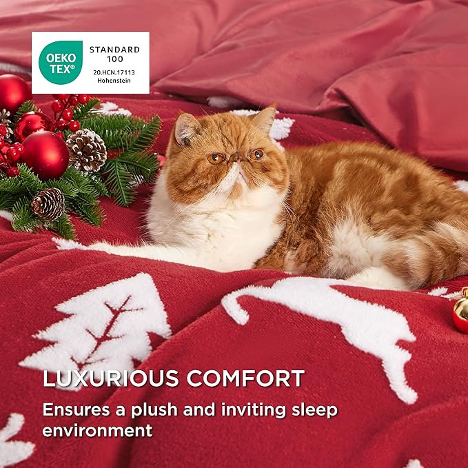 Bedsure Fluffy Christmas Duvet Cover Set - Ultra Soft Plush Shaggy Comforter Cover Twin Size, Warm Flannel Fleece Bed Sets for Winter, 2 Pieces, Reindeer Pattern, Red