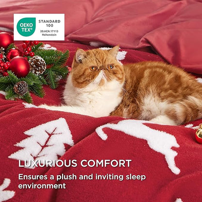 Bedsure Fluffy Christmas Duvet Cover Set - Ultra Soft Plush Shaggy Comforter Cover Twin Size, Warm Flannel Fleece Bed Sets for Winter, 2 Pieces, Reindeer Pattern, Red