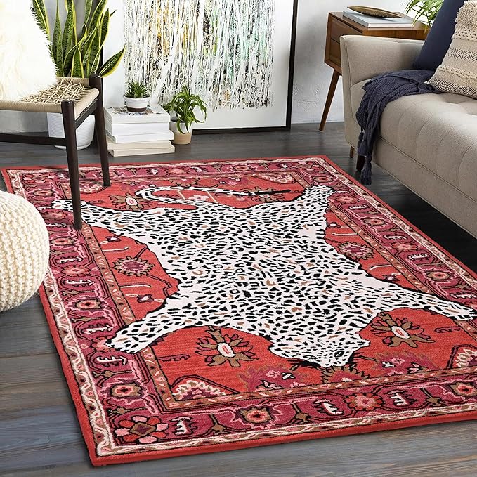 Handmade Leopard Wool Area Rug with Traditional Oushak Motif – Exquisite Animal Print Cheetah Rugs for Living Room, Bedroom | Plush Texture, Vintage Style, Thick & Durable Carpet (Rust, 6' Round)