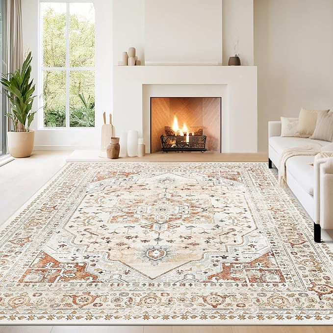 Washable Rugs 8x10 Area Rugs for Living Room,Rugs for Bedroom,Large Carpets,Ultra Soft Faux Wool Retro Dining Room Rug,Non Slip&Non-Shedding Low Pile Vintage Print Rug for Home Office,Orange