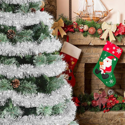 33FT Silver Tinsel Christmas Garland Metallic Twist Shiny Garland for Christmas Tree Decorations, Xmas Holiday Hanging Garland for Home Indoor Outdoor Party Supplies Decor (Silver, White)