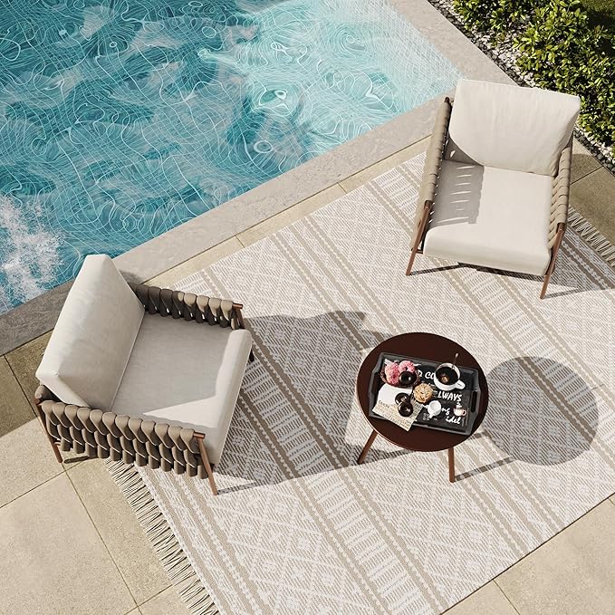 EAST OAK 3-Piece Patio Furniture Set Outdoor Seating Furniture with Cushions | Deep Seating Modern Conversation Set | Garden, Porch, Balcony & Backyard | Chestnut & Apricot