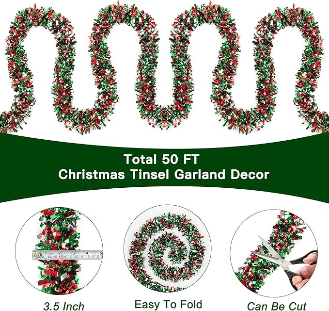 50 Feet Red Green Silver Christmas Tinsel Garland - Metallic Twist Shiny for Tree Decorations, Xmas Hanging Decor for Home Mantle Indoor Outdoor Holiday Party