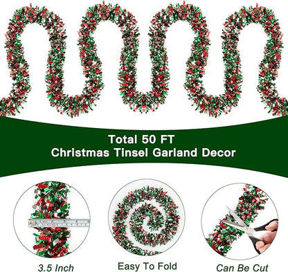 50 Feet Red Green Silver Christmas Tinsel Garland - Metallic Twist Shiny for Tree Decorations, Xmas Hanging Decor for Home Mantle Indoor Outdoor Holiday Party