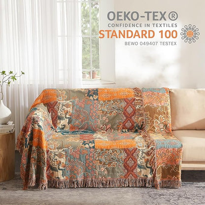 Boho Throw Blanket 100% Cotton Woven Ultra Soft 4-Layer Muslin Quilt Farmhouse Bed Blanket Cover 90"x98", Patchwork Floral