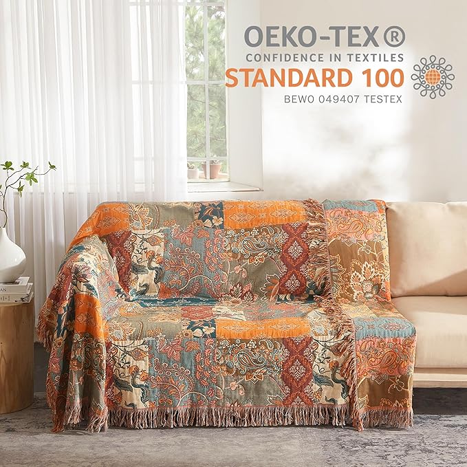 Boho Throw Blanket 100% Cotton Woven Ultra Soft 4-Layer Muslin Quilt Farmhouse Bed Blanket Cover 80"x90", Patchwork Floral