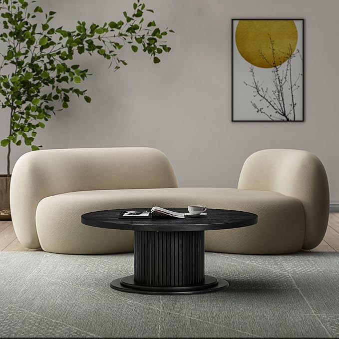 NTC 40 Inch Summit Modern Classic Tambour Wooden Round Coffee Table – Waterproof & Heat Resistant, Burnt Black