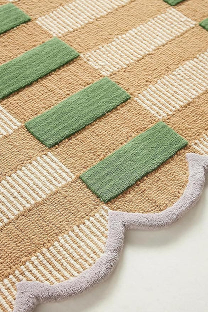 Hand-Tufted Wool Area Rug with Scalloped Edges, Beige and Green Plaid Pattern, Cozy and Soft Accent Rug for Living Room, Bedroom, and Nursery, Handmade Decorative Rug, 9x9 Ft (Square)