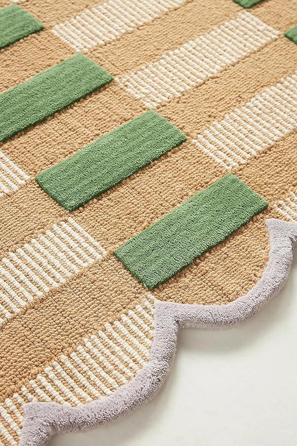 Hand-Tufted Wool Area Rug with Scalloped Edges, Beige and Green Plaid Pattern, Cozy and Soft Accent Rug for Living Room, Bedroom, and Nursery, Handmade Decorative Rug, 9x13 Ft