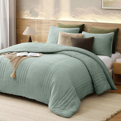 Monbix Fluffy Full Comforter Set Sage Green, Sherpa Plush Fuzzy Comforter 3 Piece for Full Size Bed, Luxury Soft Winter Warm Bedding Set