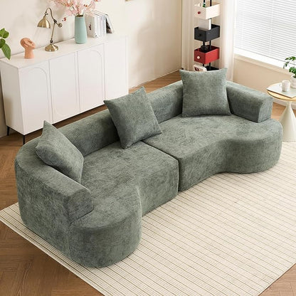 106" Chenille Curved Sectional Sofa with 3 Pillows, No Assembly Required, Comfy Boneless Loveseat Sectional Couches with Deep Seat, Half Moon Couch for Living Room/Apartment (Green)