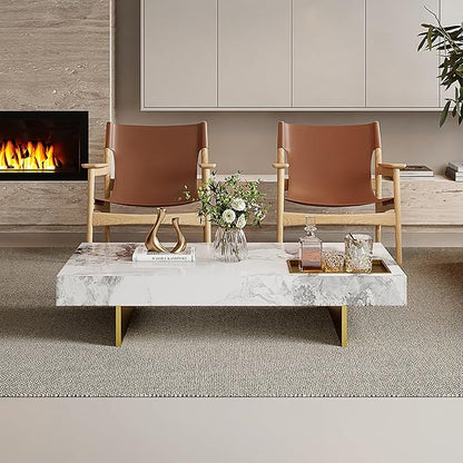 Modern Coffee Table for Living Room, 51.2" L arge Rectangle Living Room Table Sintered Stone Tabletop with Gold Stainless Steel Legs, Center Table for Home Office