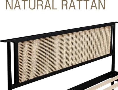 NTC Ruby Wooden Bed Frame with Headboard and Natural Rattan, Solid Oak Foundation with Silent Slats, 1000 Lb Capacity, Effortless Assembly, Queen - Burnt Black