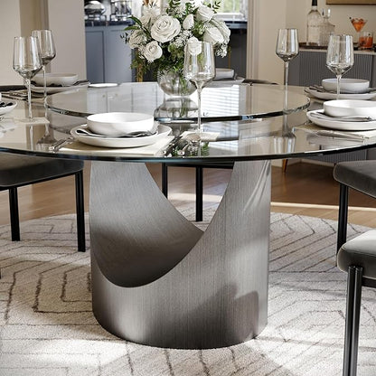 POVISON 51" Modern Round Dining with Lazy Susan Table for 4, Glass Tabletop Dining Table with Grey Carbon Steel Pedestal, Modern Dining Room Table for Kitchen, Living Room (Table Only)