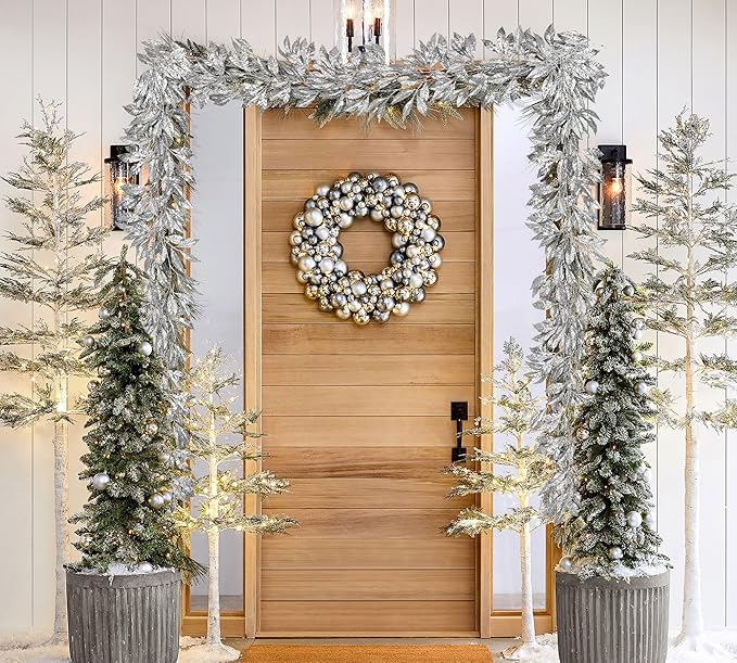 3 Pcs 6FT Christmas Garland Silver Glittered Artificial Magnolia Leaves for Mantle Christmas Tree Decorations Indoor Outdoor Hanging Garland Ornaments Garden Door Wall Window Stair Holiday Home Decor