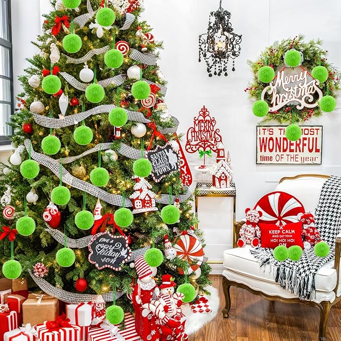 Lime Green Furry Christmas Ball Ornaments 12Pcs Fuzzy Lime Green Ornaments or Xmas Pom Pom Ball Hanging Decorations Furry Elf Balls for Xmas Tree Wreath Home Fireplace Mantel Wall Decors