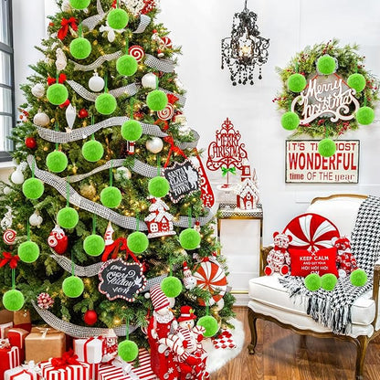 Lime Green Furry Christmas Ball Ornaments 12Pcs Fuzzy Lime Green Ornaments or Xmas Pom Pom Ball Hanging Decorations Furry Elf Balls for Xmas Tree Wreath Home Fireplace Mantel Wall Decors