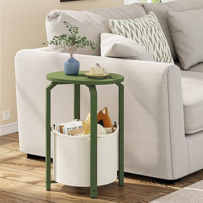 TUTOTAK Small Side Table, Oval End Table, Night Stand, Bedside Table, Sofa Table with Storage Basket, Living Room, Bed Room, Olive Green TB01BOG093