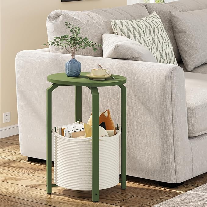 TUTOTAK Small Side Table, Oval End Table, Night Stand, Bedside Table, Sofa Table with Storage Basket, Living Room, Bed Room, Olive Green TB01BOG0932