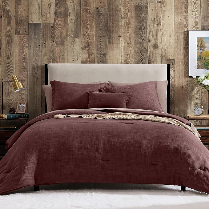 Geniospin Queen Comforter Set - 7 Pieces Comforter Queen Size, Soft Solid Bedding Set for All Season, Textured Bed in a Bag with Sheets, Pillowcases & Shams (Burgundy, 90''x90'')