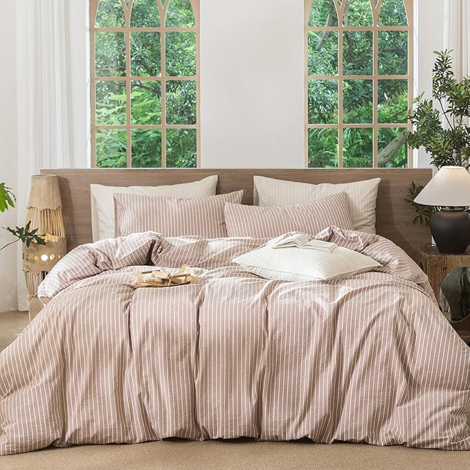 MooMee Striped Duvet Cover Set 100% Washed Cotton Linen Like Textured Breathable Durable Soft Comfy (Orange White Wide Stripes, Oversized Queen 98"x98")