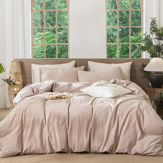 MooMee Striped Duvet Cover Set 100% Washed Cotton Linen Like Textured Breathable Durable Soft Comfy (Orange White Wide Stripes, Cal King 104"x98")