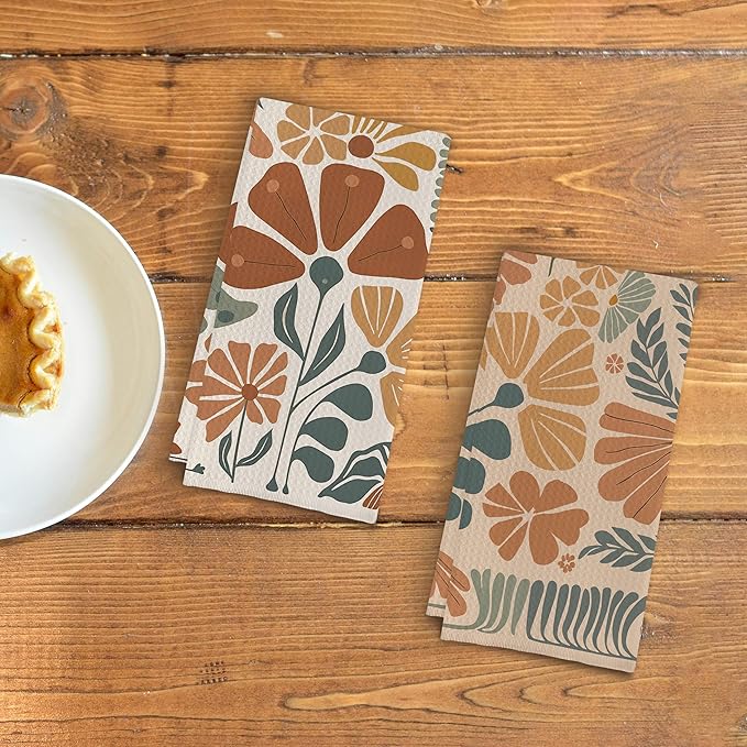 Abstract Boho Floral Kitchen Towels Retro Groovy Vintage Boho Floral